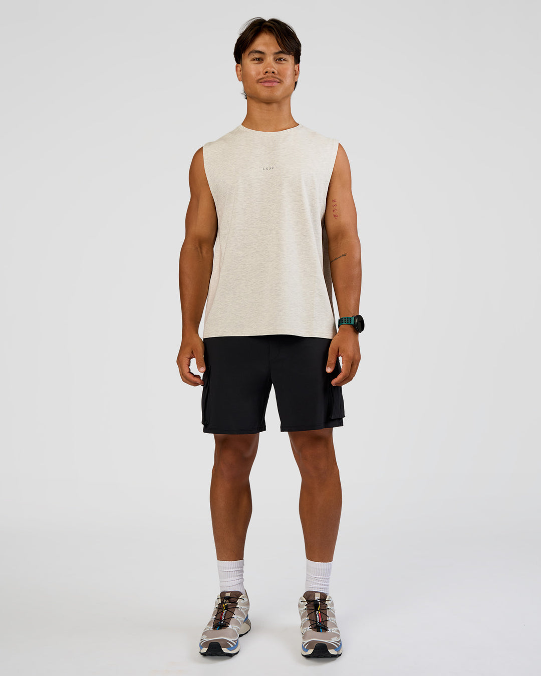 Man wearing Base Heavyweight FLXCotton Tank Regular Fit -8cm - Silver Marl | Model:George | Size:M - view 5
