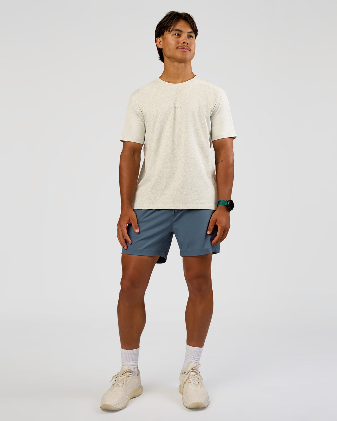 Man wearing Base Heavyweight FLXCotton Tee Regular Fit -8cm - Silver Marl | Model:George | Size:M - view 2
