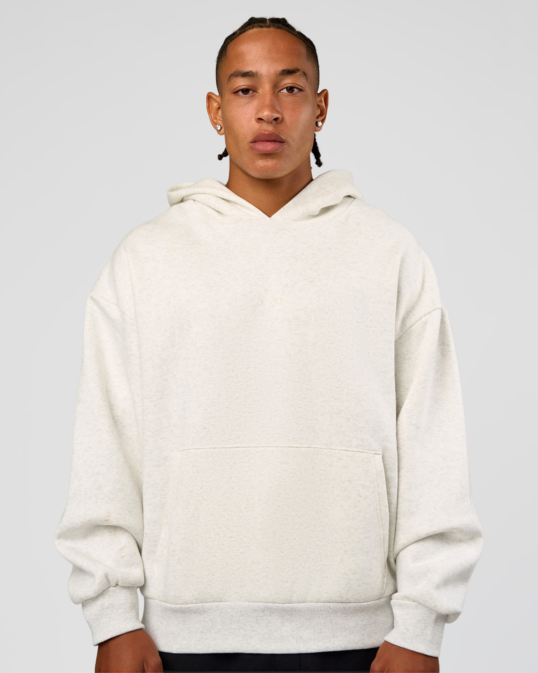 Man wearing Base Oversized Hoodie - Silver Marl | Model:Malebo | Size:M - view 7