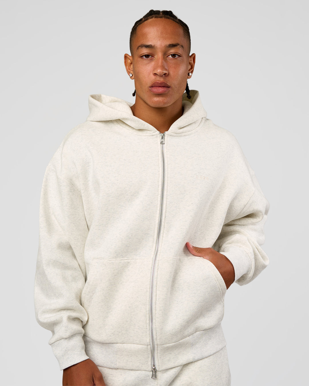 Man wearing Base Zip Through Oversized Hoodie - Silver Marl | Model:Malebo | Size:M - view 12