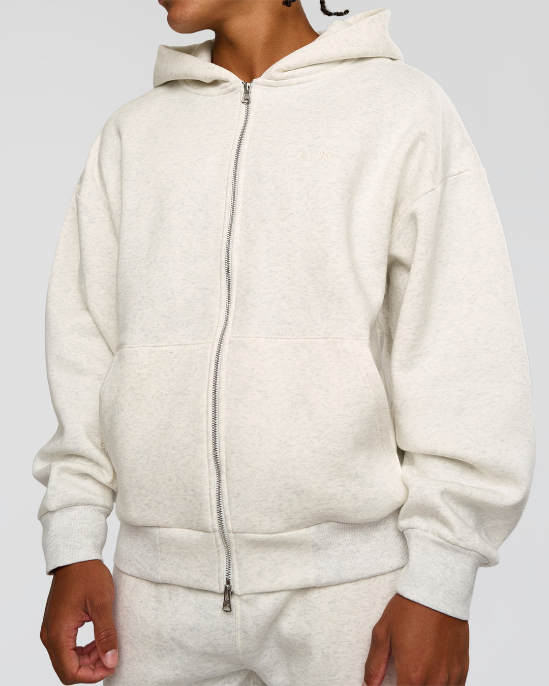 Man wearing Base Zip Through Oversized Hoodie - Silver Marl | Model:Malebo | Size:M - view 11