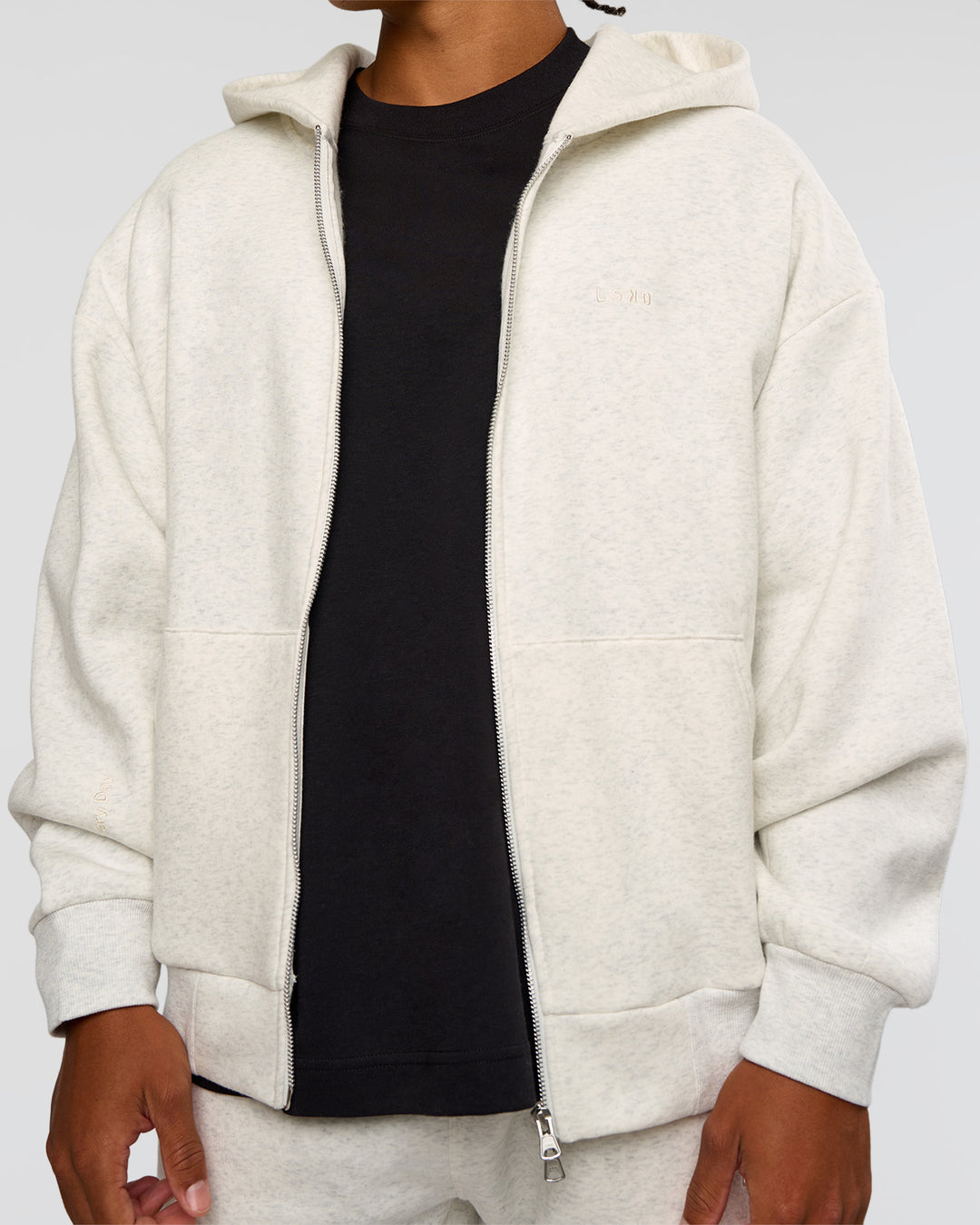 Man wearing Base Zip Through Oversized Hoodie - Silver Marl | Model:Malebo | Size:M - view 3