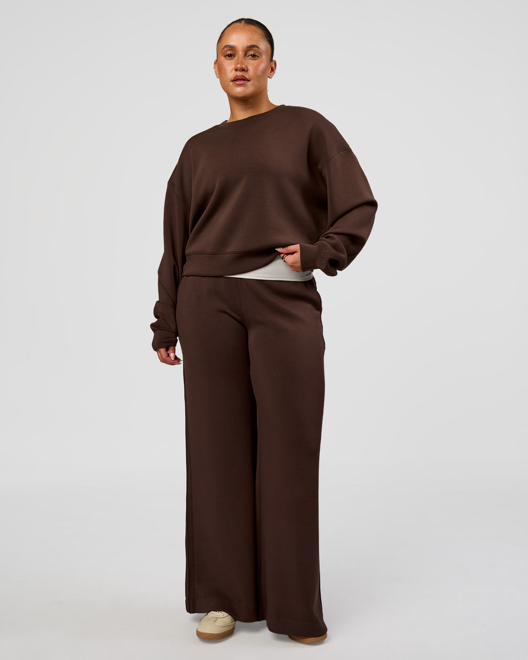 Woman wearing CF Elevate SoftTouch Pintuck Sweater - Hot Chocolate | Model:Simmy | Size:M - view 4