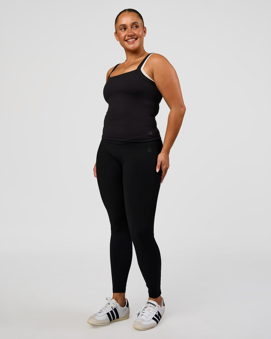 Woman wearing CF Move Through It Rib Tank - Black | Model:Simmy | Size:M - view 5
