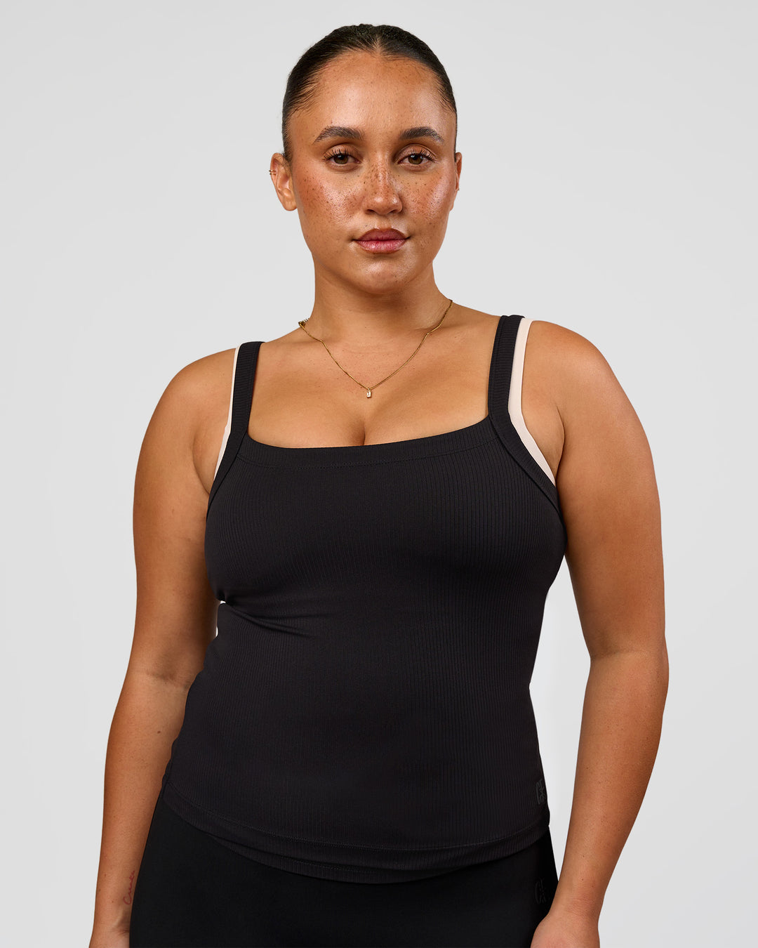 Woman wearing CF Move Through It Rib Tank - Black | Model:Simmy | Size:M - view 9