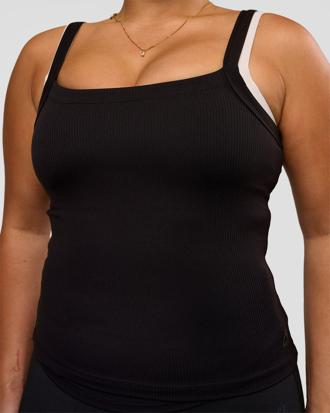 Woman wearing CF Move Through It Rib Tank - Black | Model:Simmy | Size:M - view 4