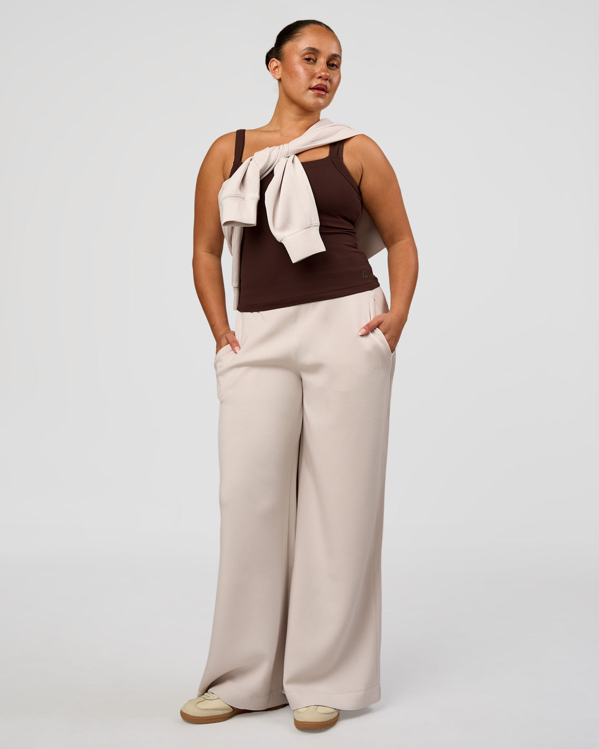 Woman wearing CF Move Through It Rib Tank - Hot Chocolate | Model:Simmy | Size:M