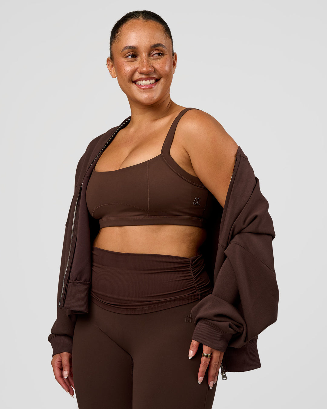 Woman wearing CF Move Through It Sports Bra - Hot Chocolate | Model:Simmy | Size:M - view 5