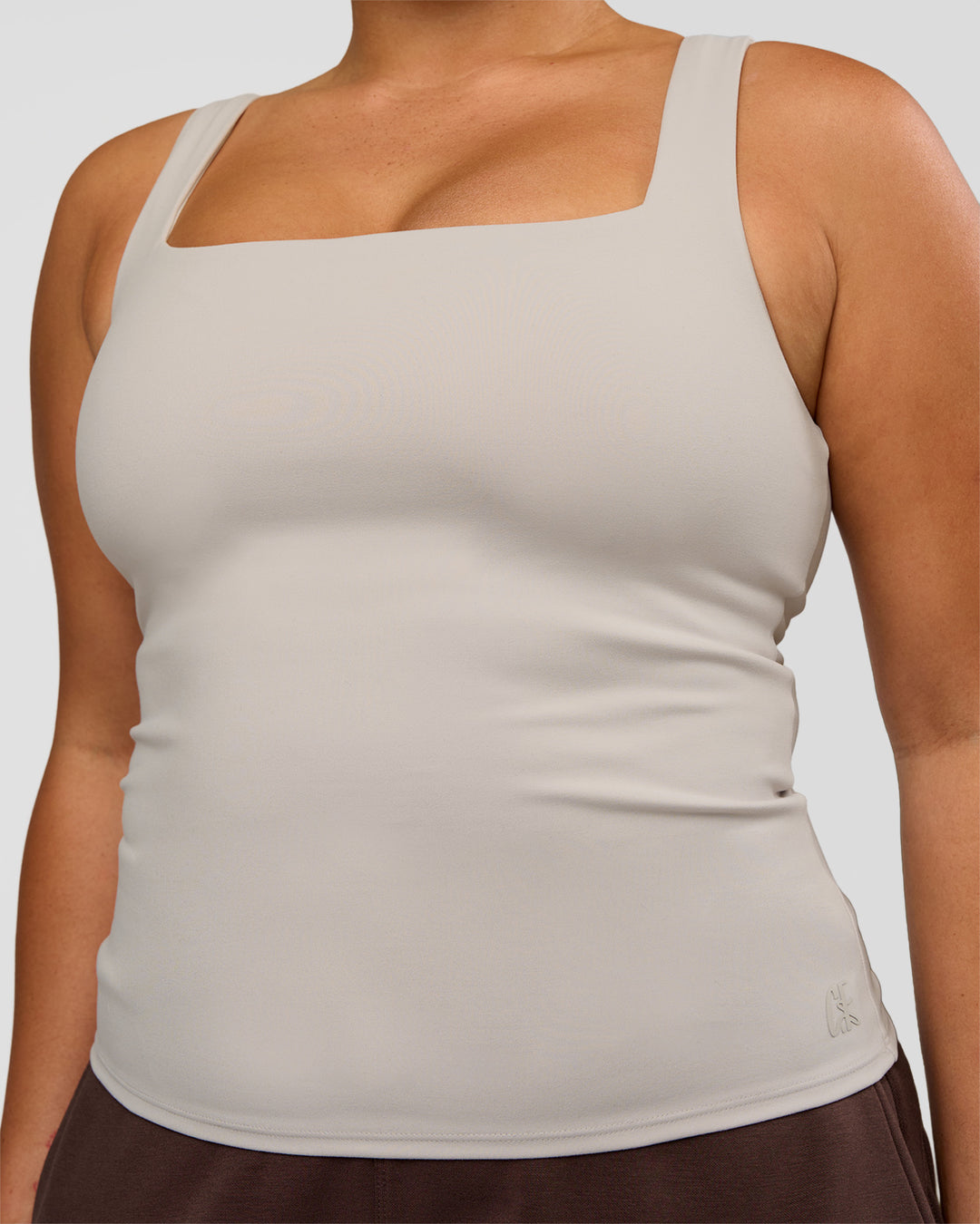 Woman wearing CF Train Hard Shelf Bra Tank - Clay | Model:Simmy | Size:M - view 3