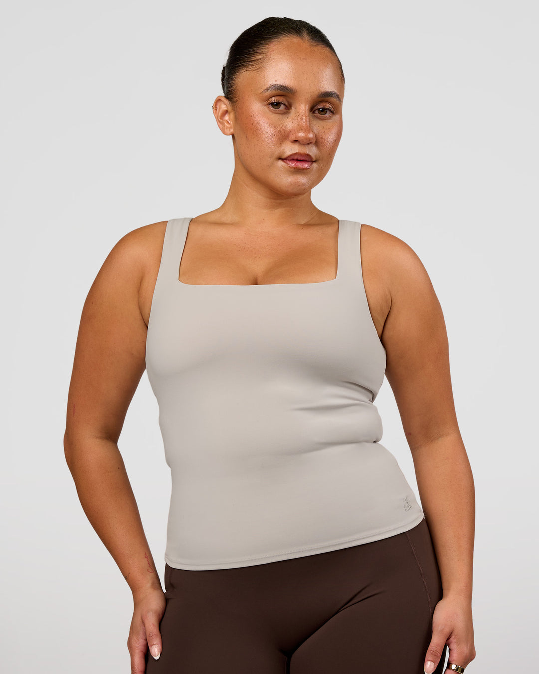 Woman wearing CF Train Hard Shelf Bra Tank - Clay | Model:Simmy | Size:M - view 6
