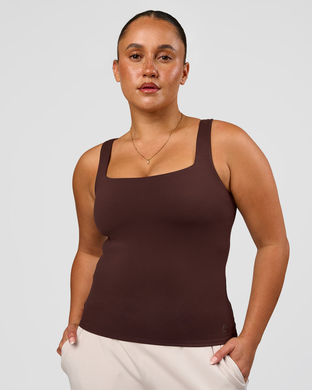 Woman wearing CF Train Hard Shelf Bra Tank - Hot Chocolate | Model:Simmy | Size:M - view 8
