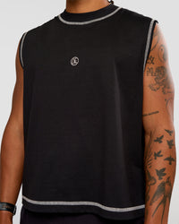 Man wearing CF Unisex Oversized Heavyweight Boxed Tank - Black-CF X LSKD Sport | Model:Malebo | Size:M | Thumbnail Index: 9