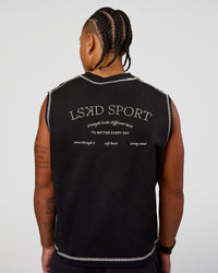 Man wearing CF Unisex Oversized Heavyweight Boxed Tank - Black-CF X LSKD Sport | Model:Malebo | Size:M | Thumbnail Index: 7