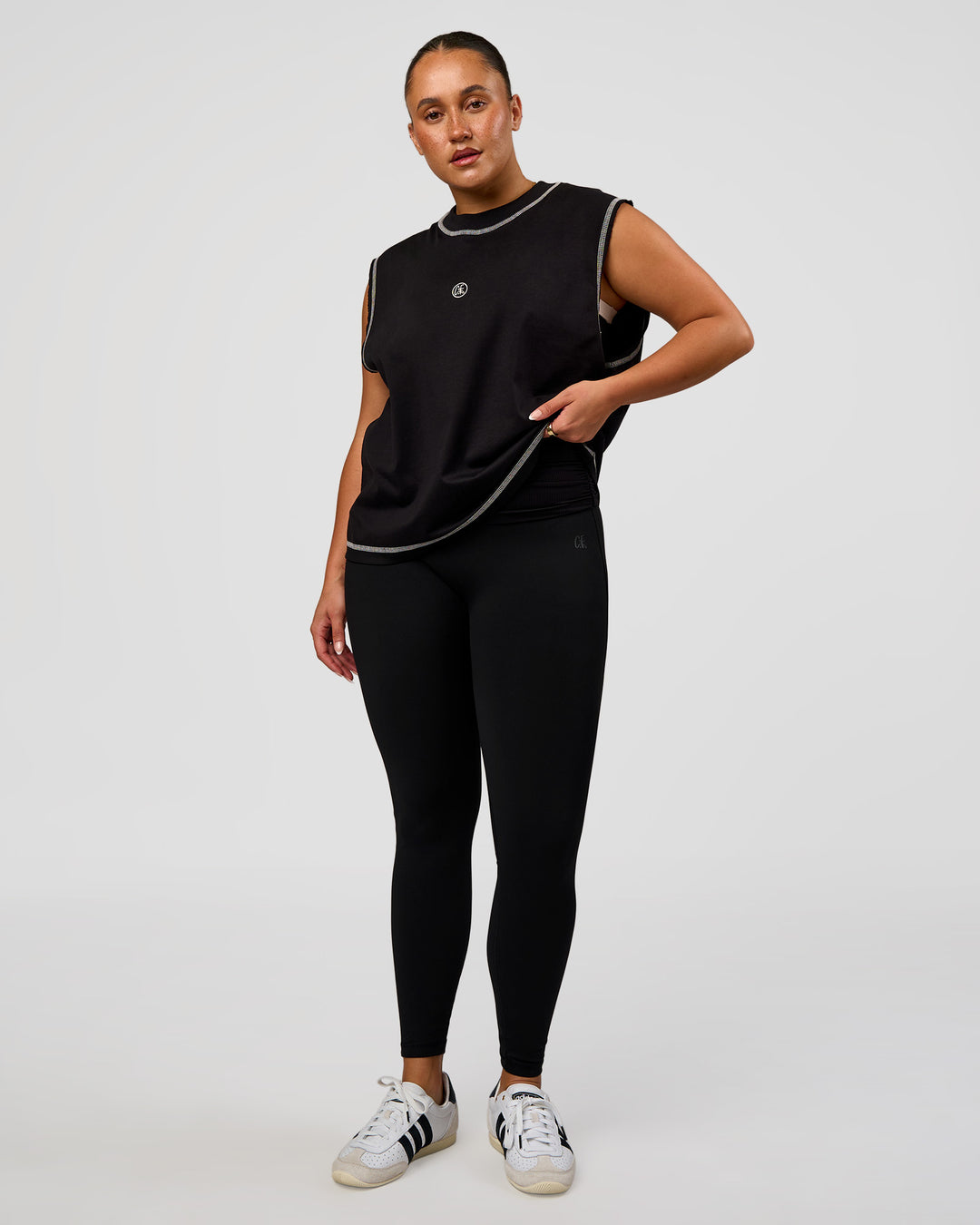 Woman wearing CF Unisex Oversized Heavyweight Boxed Tank - Black-CF X LSKD Sport | Model:Simmy | Size:M - view 11