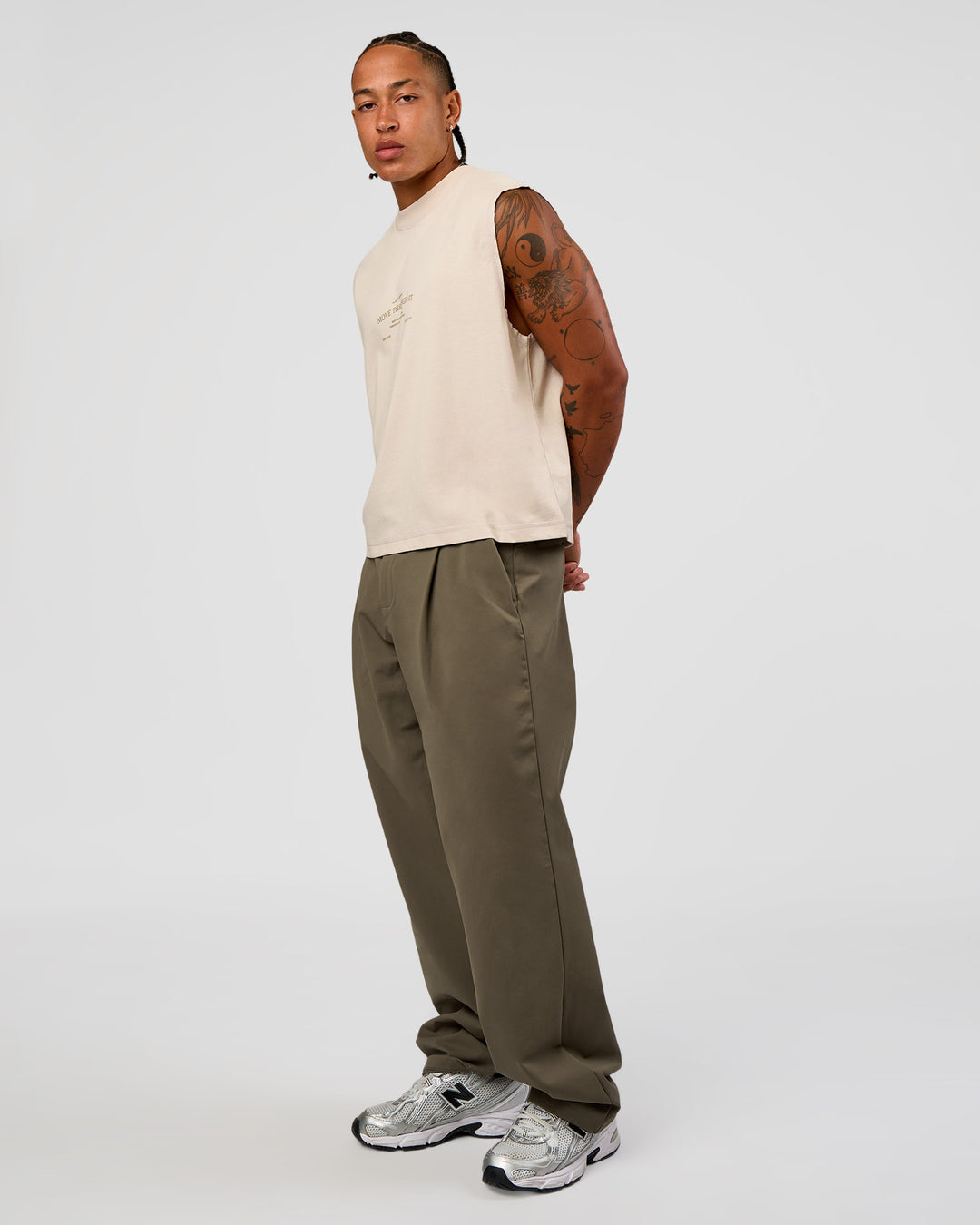 Man wearing CF Unisex Oversized Heavyweight Boxed Tank - Clay-CF Move Through It | Model:Malebo | Size:M - view 8