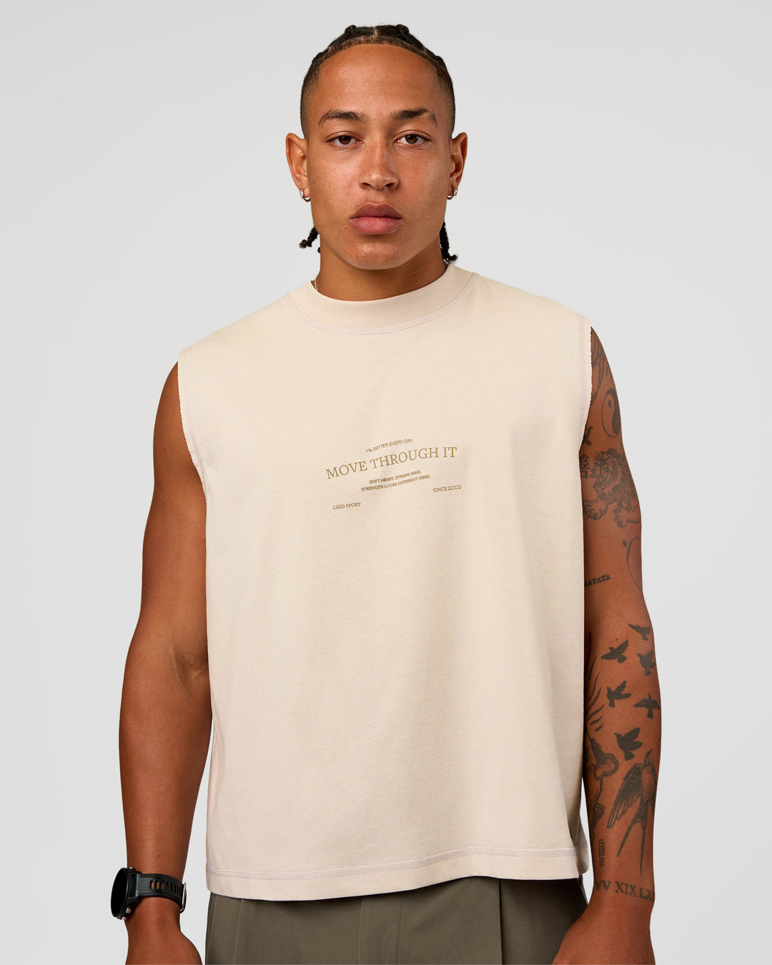 Man wearing CF Unisex Oversized Heavyweight Boxed Tank - Clay-CF Move Through It | Model:Malebo | Size:M - view 9