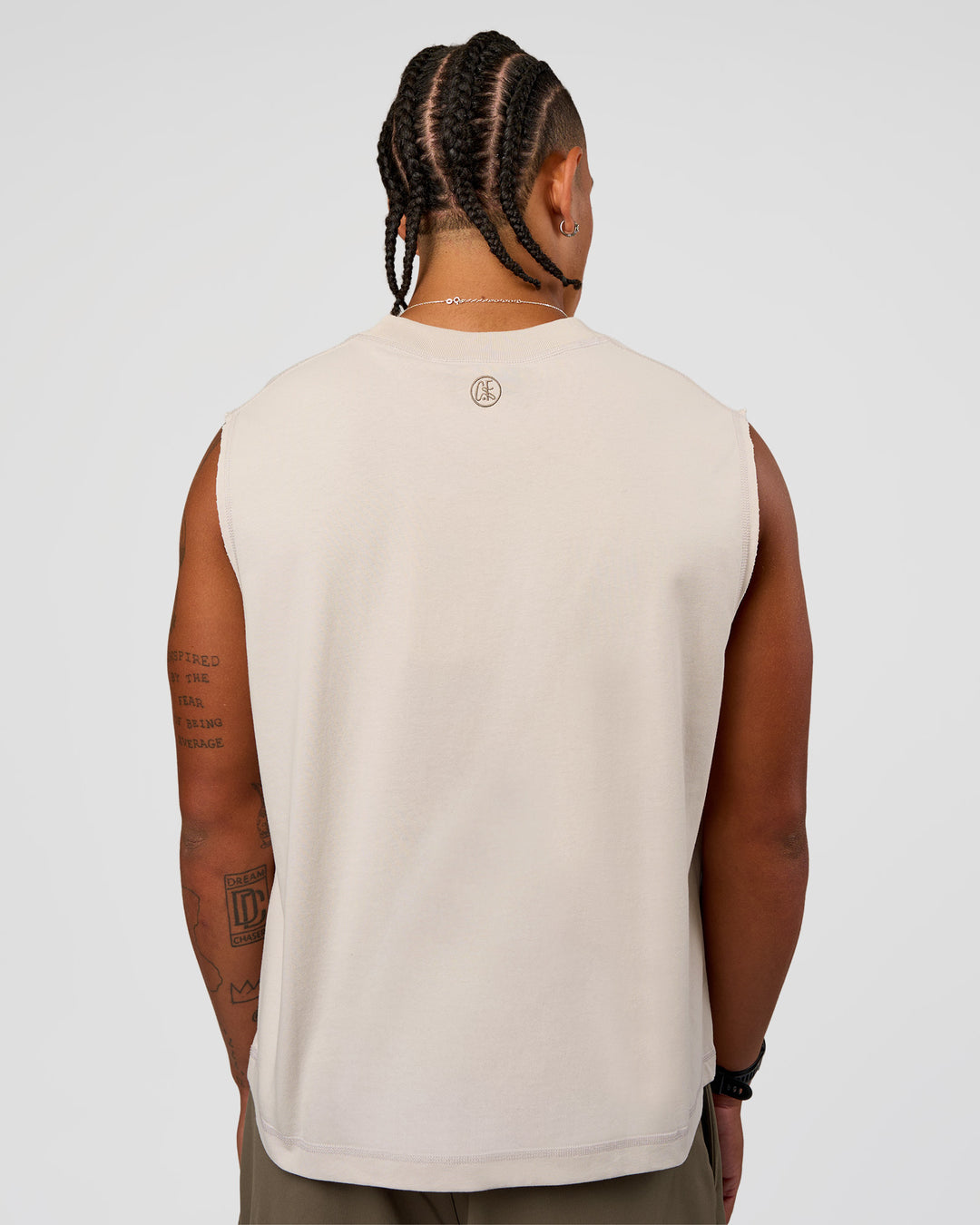 Man wearing CF Unisex Oversized Heavyweight Boxed Tank - Clay-CF Move Through It | Model:Malebo | Size:M - view 10