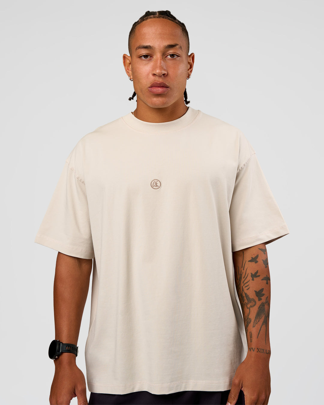Man wearing CF Unisex Oversized Heavyweight FLXCotton Tee - Clay-CF X LSKD Sport | Model:Malebo | Size:M - view 10