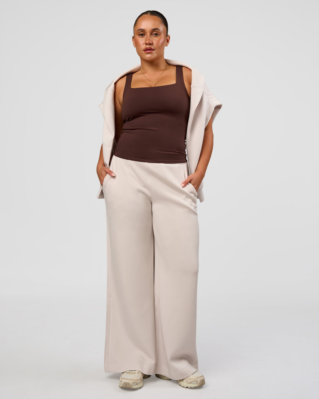 Woman wearing CF Elevate SoftTouch Pintuck Wide Leg Pant - Hot Chocolate | Model:Simmy | Size:M - view 2