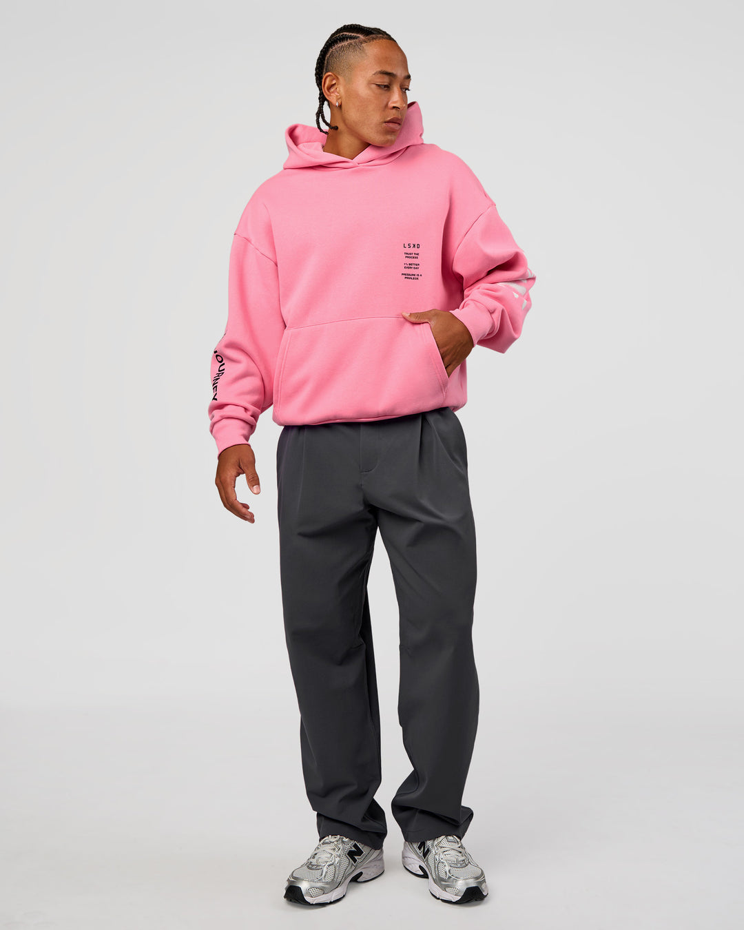 Man wearing CFT BNE 26 Unisex Oversized Hoodie - Candy Pink-Black | Model:Malebo | Size:M - view 7