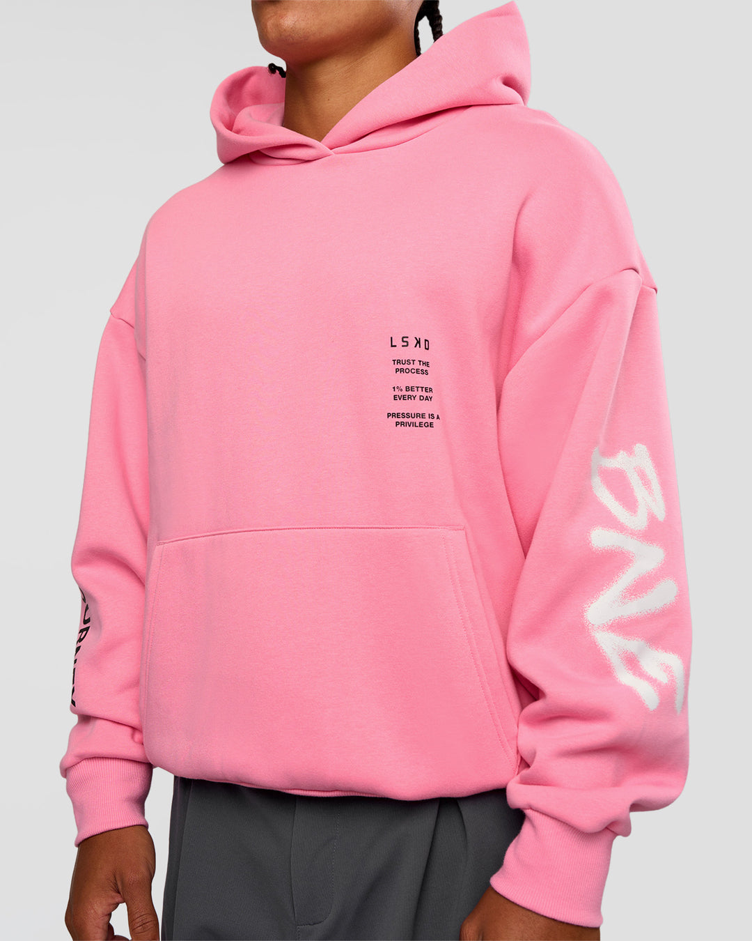 Man wearing CFT BNE 26 Unisex Oversized Hoodie - Candy Pink-Black | Model:Malebo | Size:M - view 10