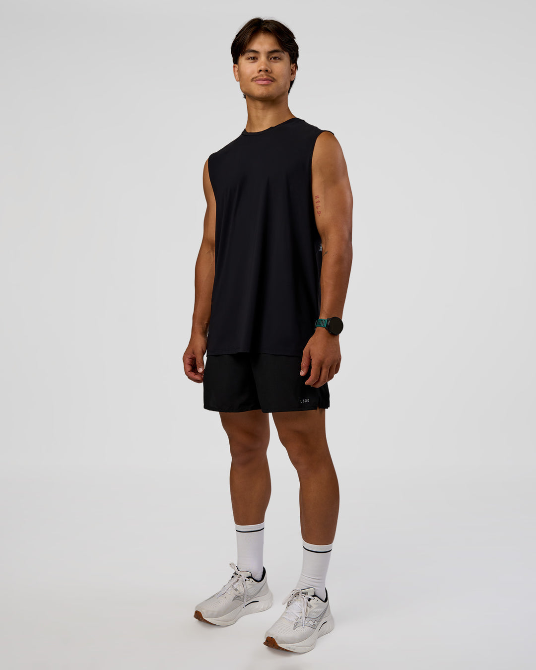 Man wearing Cadence MicroMotion Muscle Tank - Black-Blue Aura | Model:George | Size:M - view 3
