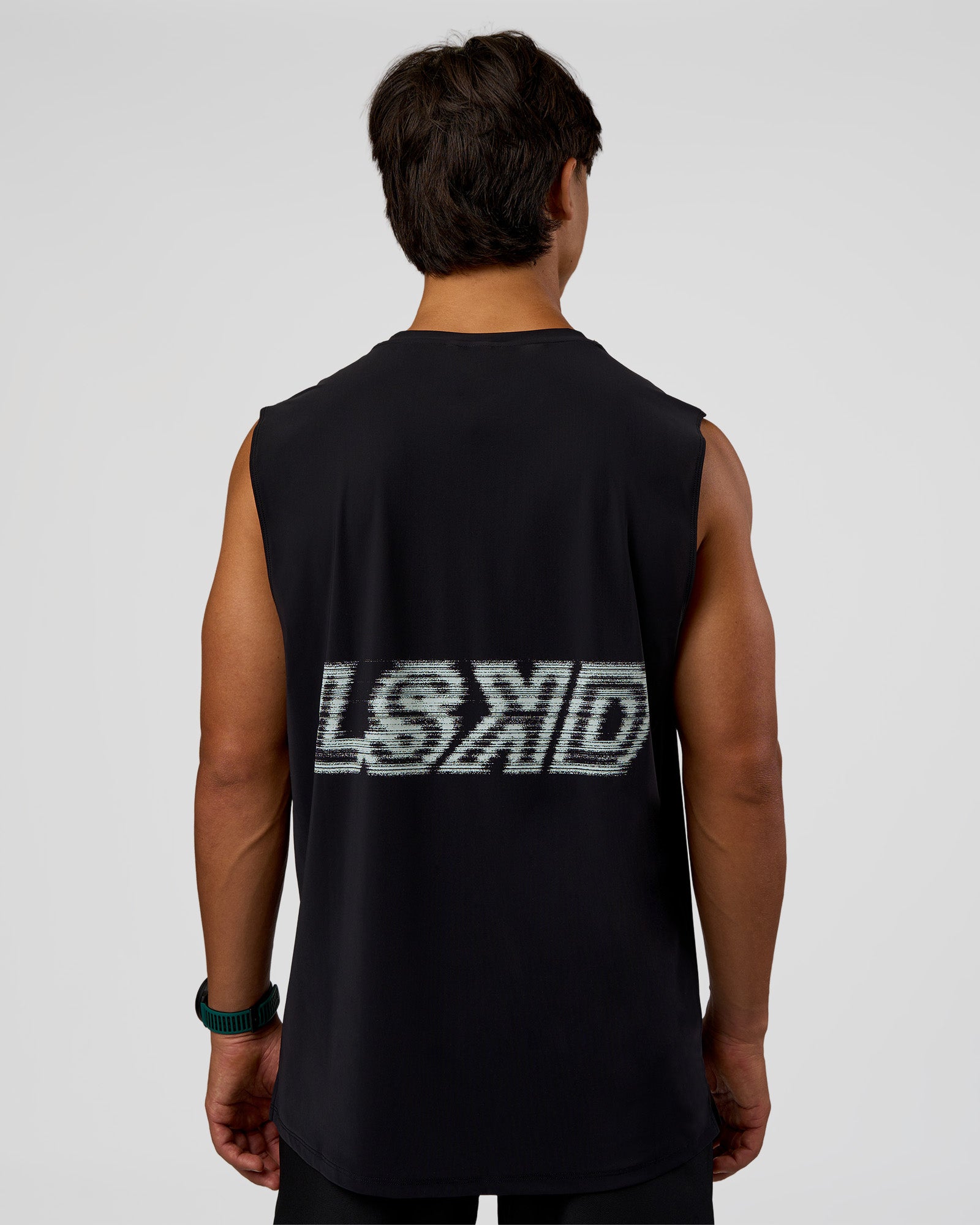 Man wearing Cadence MicroMotion Muscle Tank - Black-Blue Aura | Model:George | Size:M