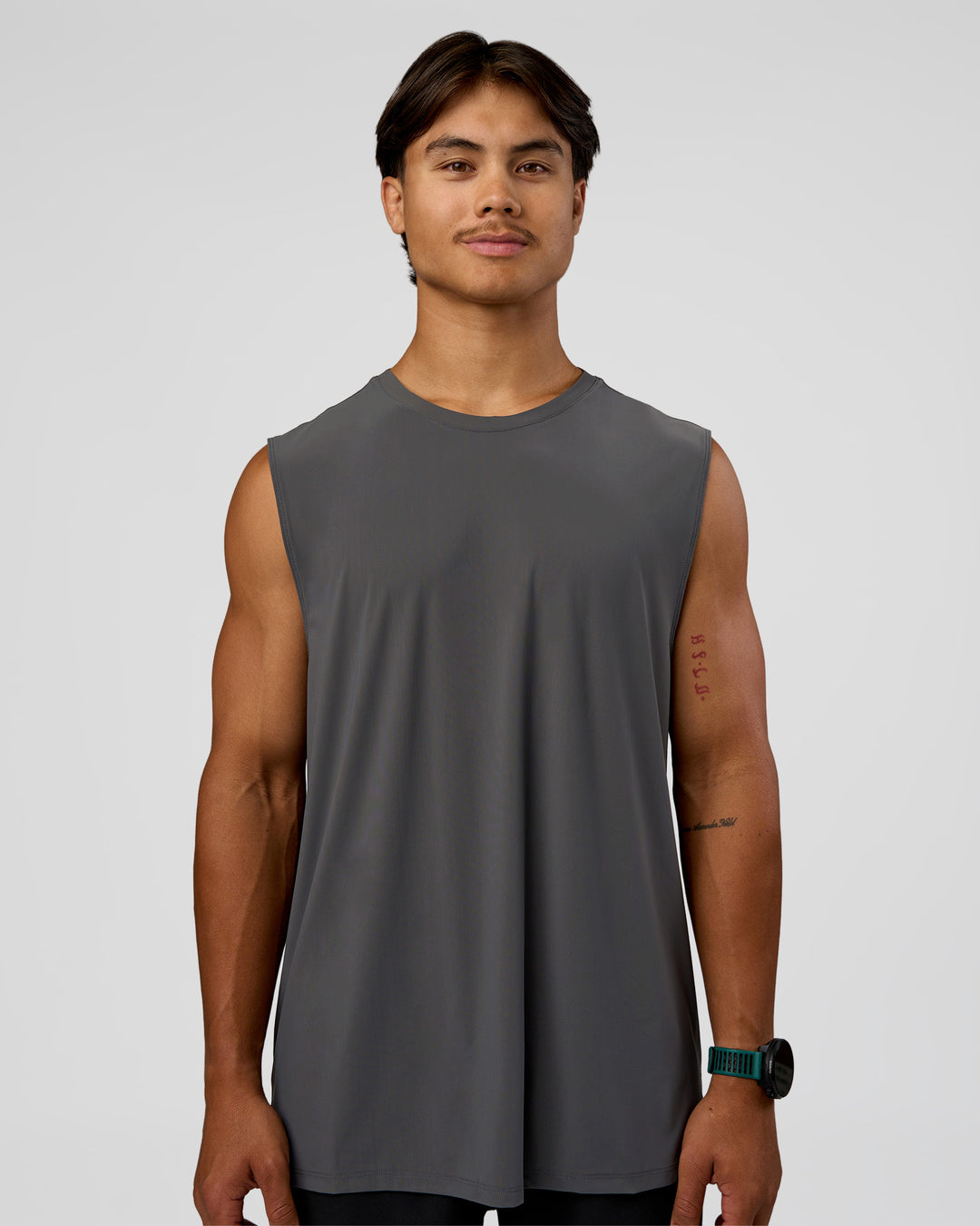 Man wearing Cadence MicroMotion Muscle Tank - Dark Storm-Alloy | Model:George | Size:M - view 2