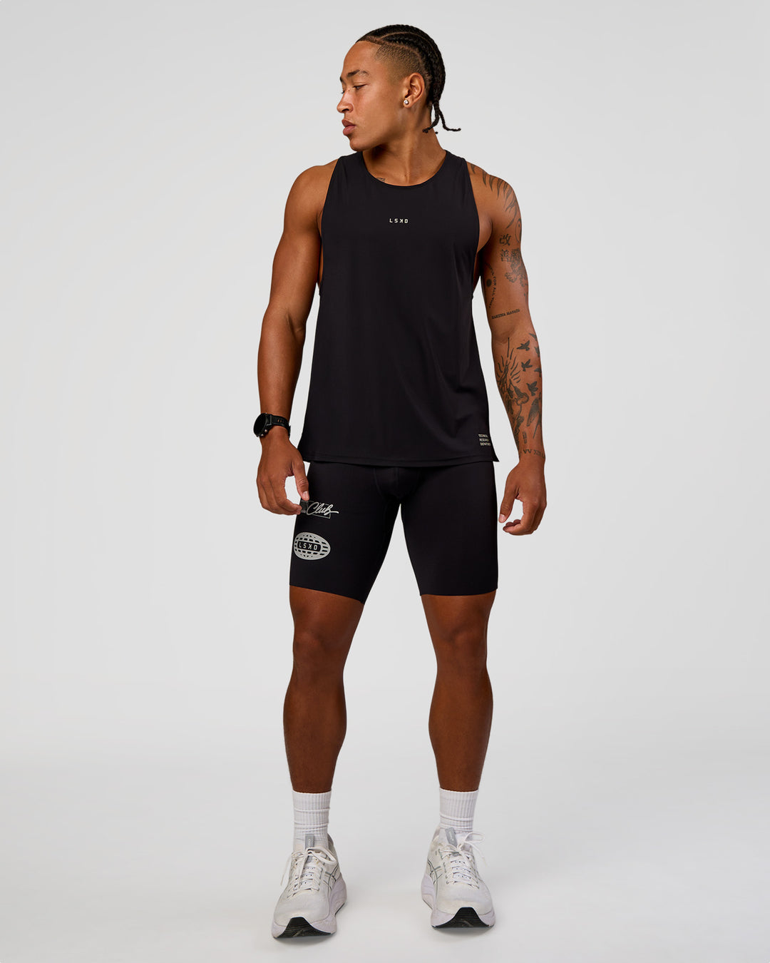 Man wearing Cadence Run Club Script Values Tank - Black-Alloy | Model:Malebo | Size:M - view 5