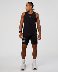 Man wearing Cadence Run Club Script Values Tank - Black-Alloy | Model:Malebo | Size:M | Thumbnail Index: 4