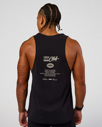 Man wearing Cadence Run Club Script Values Tank - Black-Alloy | Model:Malebo | Size:M | Thumbnail Index: 0