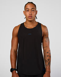 Man wearing Cadence Run Club Script Values Tank - Black-Palace Blue | Model:Malebo | Size:M | Thumbnail Index: 1