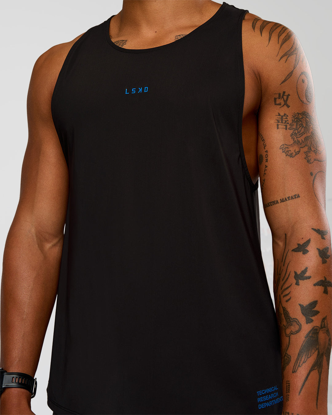 Man wearing Cadence Run Club Script Values Tank - Black-Palace Blue | Model:Malebo | Size:M - view 7