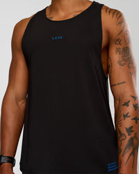 Man wearing Cadence Run Club Script Values Tank - Black-Palace Blue | Model:Malebo | Size:M | Thumbnail Index: 6