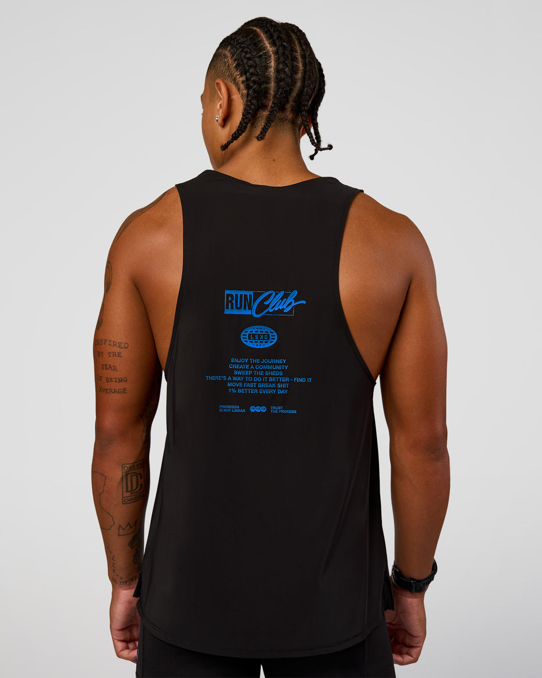 Man wearing Cadence Run Club Script Values Tank - Black-Palace Blue | Model:Malebo | Size:M - view 6