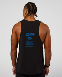 Man wearing Cadence Run Club Script Values Tank - Black-Palace Blue | Model:Malebo | Size:M | Thumbnail Index: 5