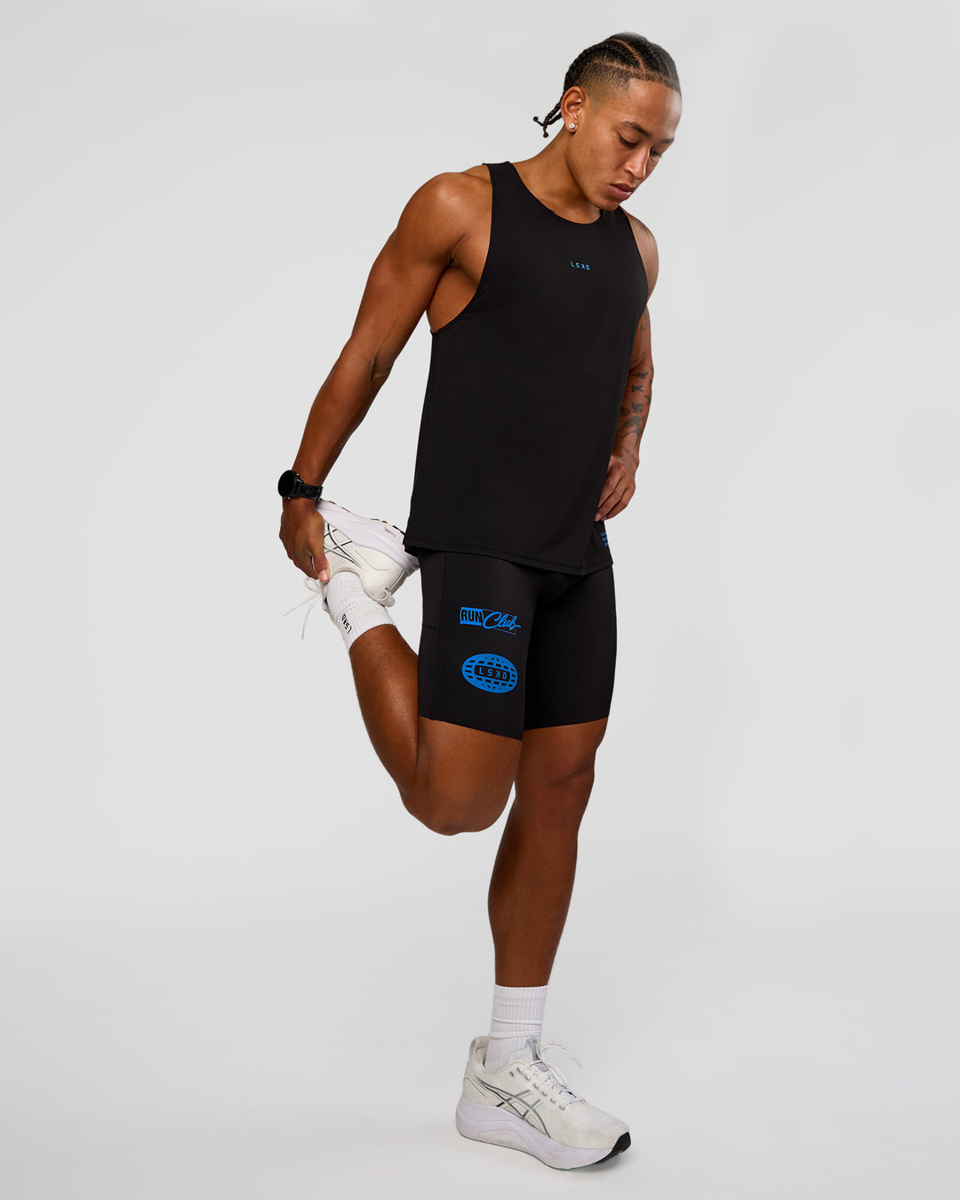 Man wearing Cadence Run Club Script Values Tank - Black-Palace Blue | Model:Malebo | Size:M - view 8
