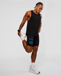 Man wearing Cadence Run Club Script Values Tank - Black-Palace Blue | Model:Malebo | Size:M | Thumbnail Index: 7