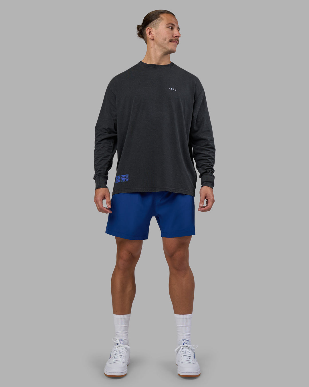 Man wearing Cali FLXCotton Oversized Long Sleeve Tee - Black Washed | Model:Jaiden | Size:M - view 15