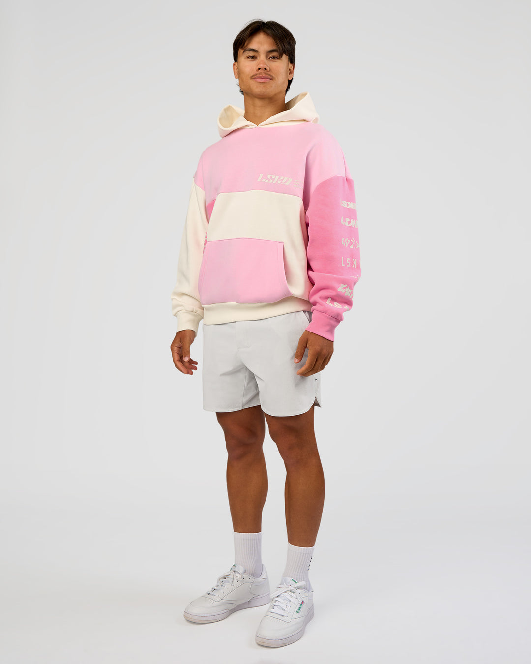 Man wearing Deconstructed Fleece Hoodie - Off White-Marshmallow-Pink | Model:George | Size:M - view 13