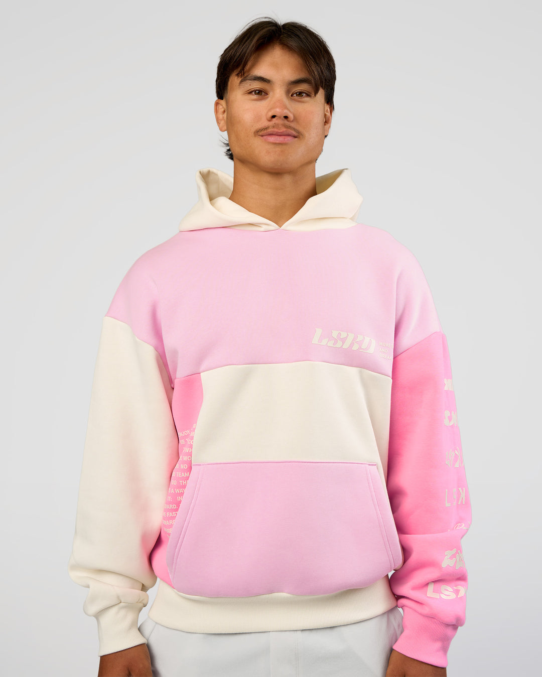 Man wearing Deconstructed Fleece Hoodie - Off White-Marshmallow-Pink | Model:George | Size:M - view 2