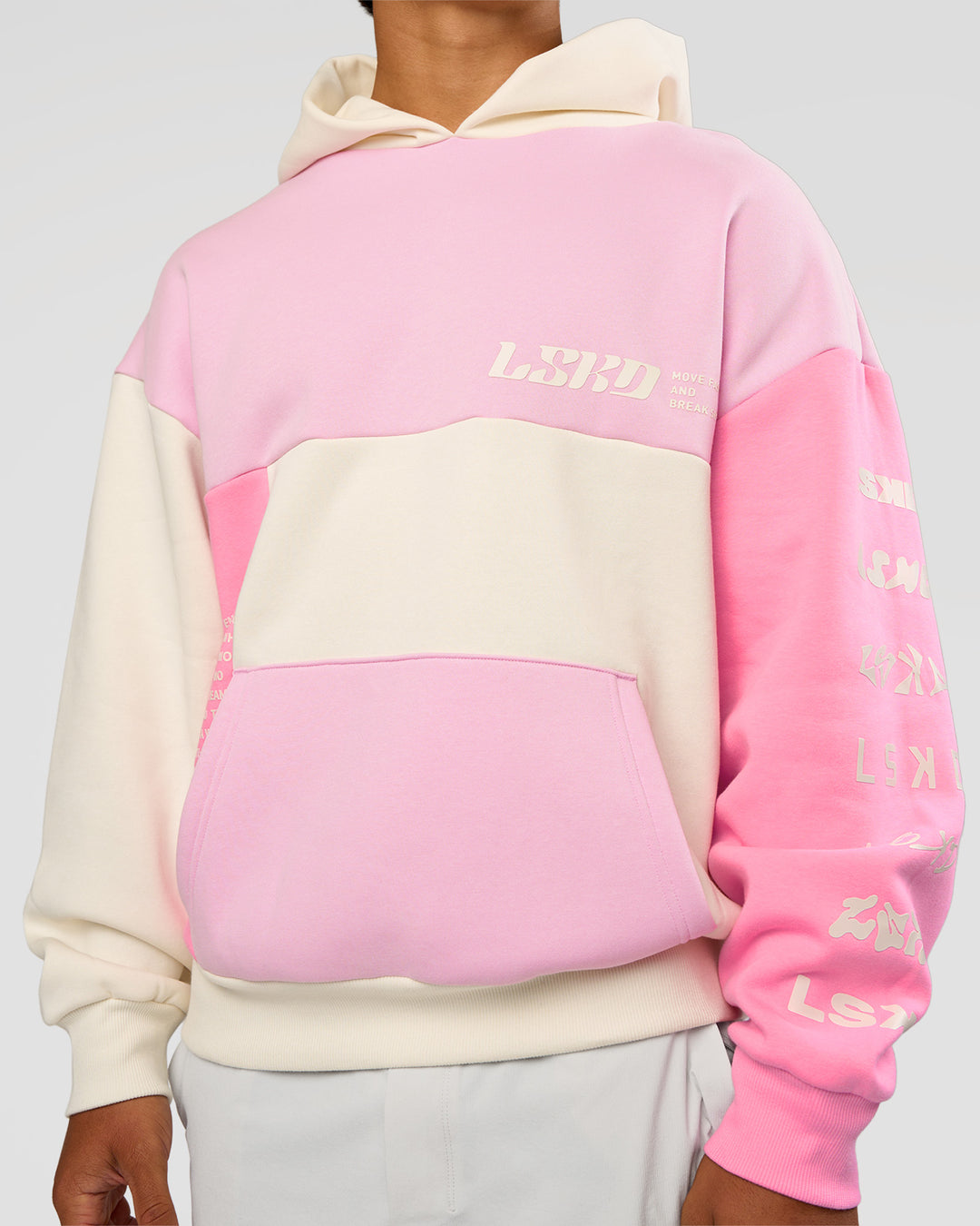 Man wearing Deconstructed Fleece Hoodie - Off White-Marshmallow-Pink | Model:George | Size:M - view 14