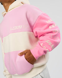 Man wearing Deconstructed Fleece Hoodie - Off White-Marshmallow-Pink | Model:George | Size:M | Thumbnail Index: 2