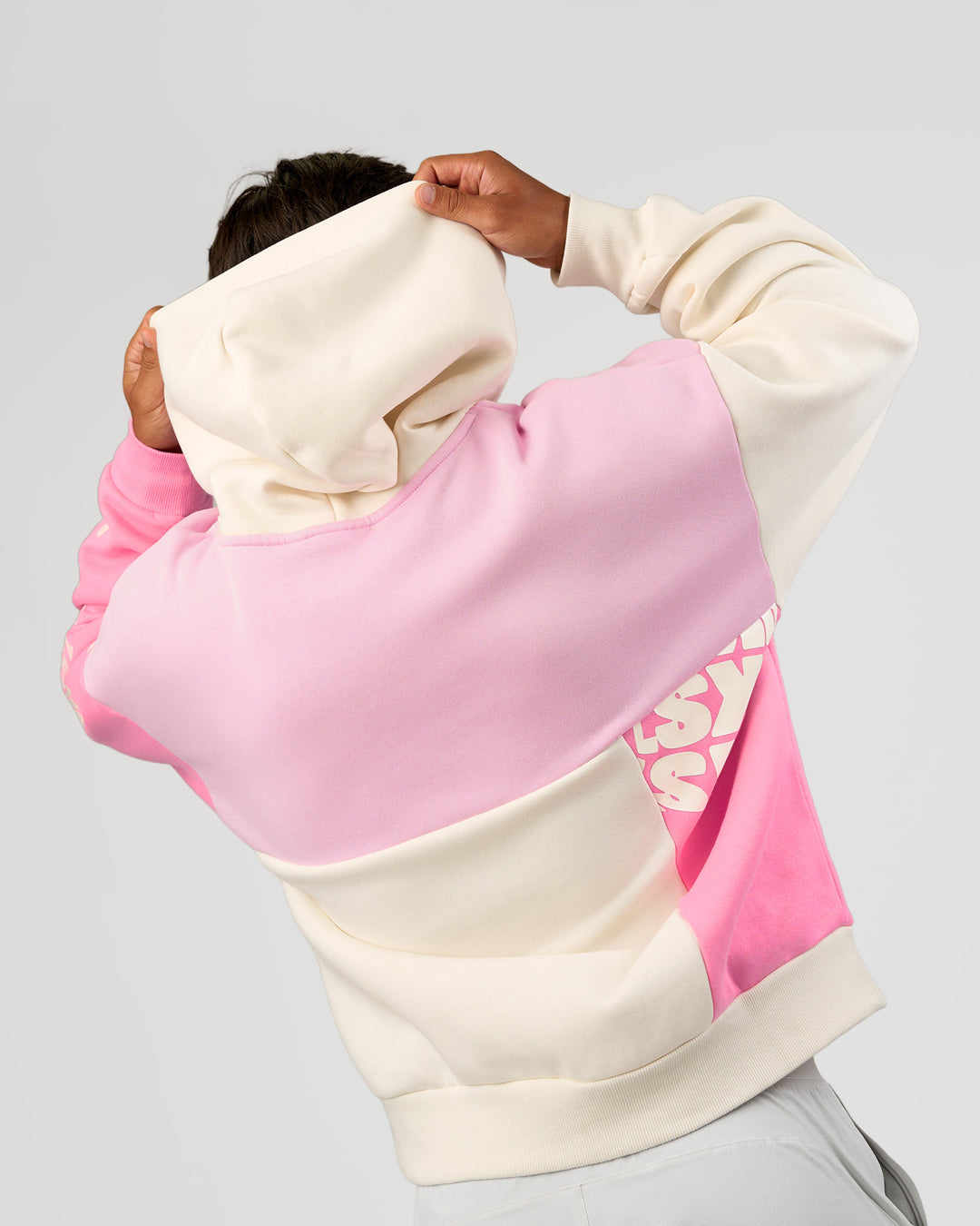 Man wearing Deconstructed Fleece Hoodie - Off White-Marshmallow-Pink | Model:George | Size:M - view 6
