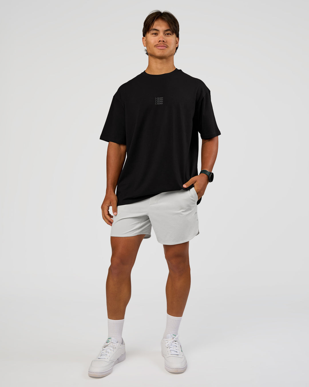 Man wearing Everyday Elevation FLXCotton Oversized Tee - Black-Black | Model:George | Size:M - view 7