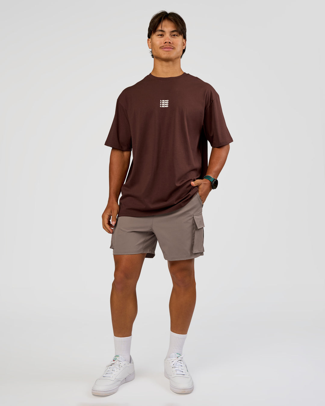 Man wearing Everyday Elevation FLXCotton Oversized Tee - Hot Chocolate-Off White | Model:George | Size:M - view 8