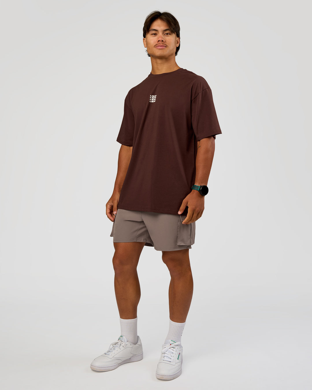 Man wearing Everyday Elevation FLXCotton Oversized Tee - Hot Chocolate-Off White | Model:George | Size:M - view 6