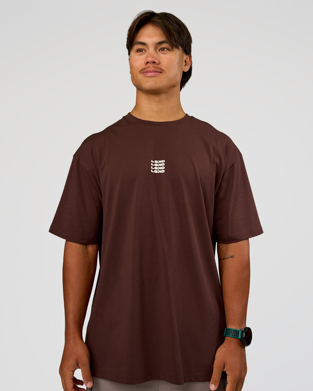 Man wearing Everyday Elevation FLXCotton Oversized Tee - Hot Chocolate-Off White | Model:George | Size:M - view 3