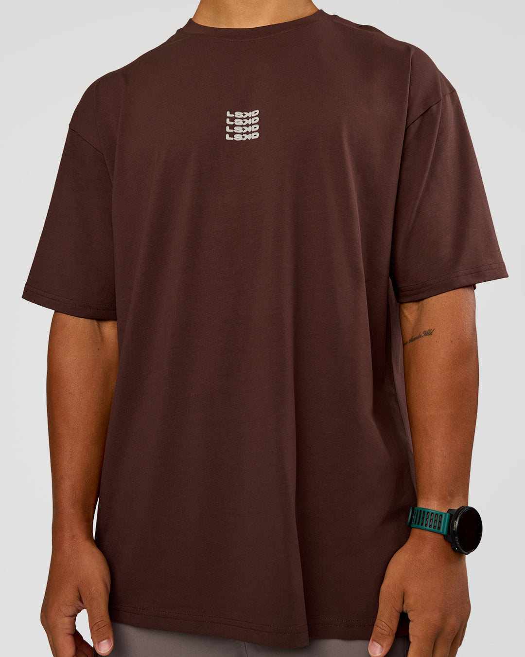 Man wearing Everyday Elevation FLXCotton Oversized Tee - Hot Chocolate-Off White | Model:George | Size:M - view 9
