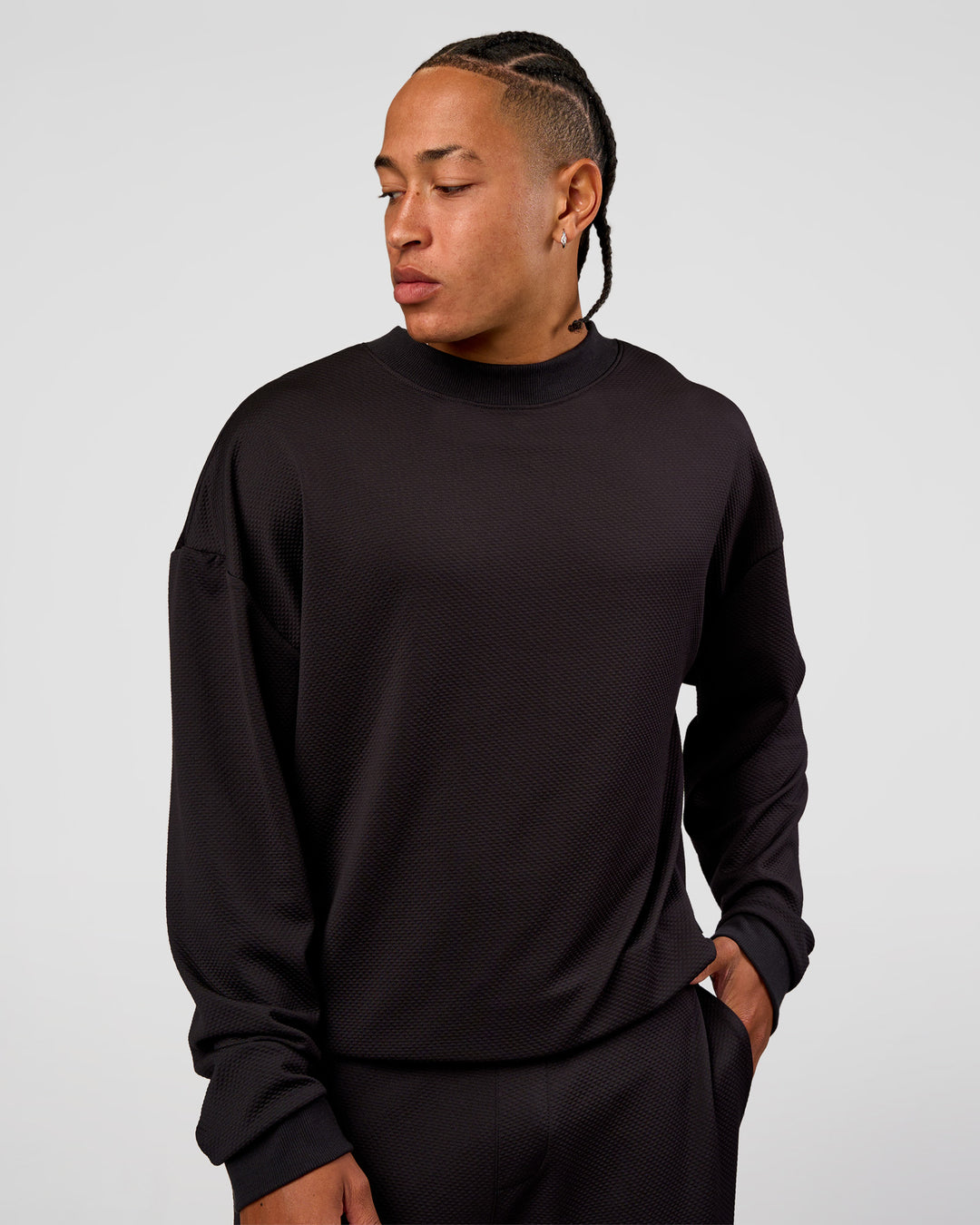 Man wearing Everyday Elevation Waffle Oversized Sweater - Black | Model:Malebo | Size:M - view 4